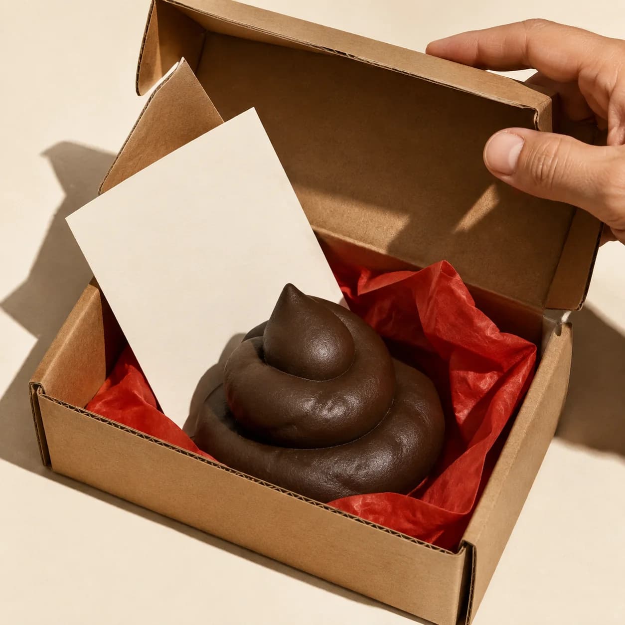 Una scatola aperta con una cacca, carta rossa e il cartoncino del biglietto, retta da una mano.