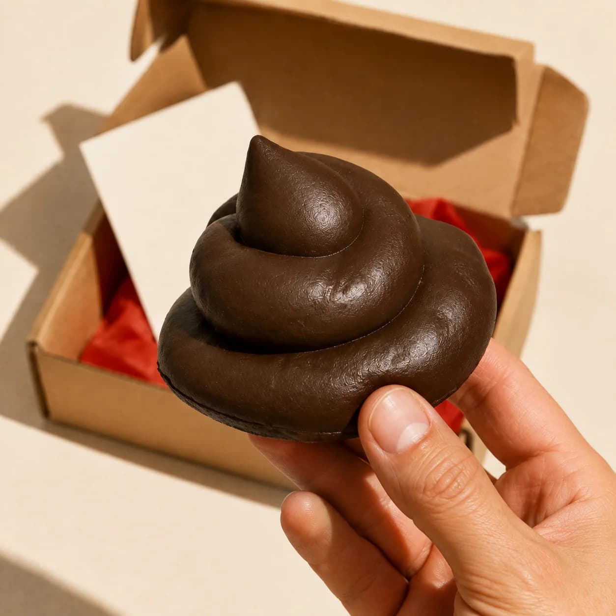 Chi riceve il pacco tira fuori la cacca; nella scatola resta il biglietto.