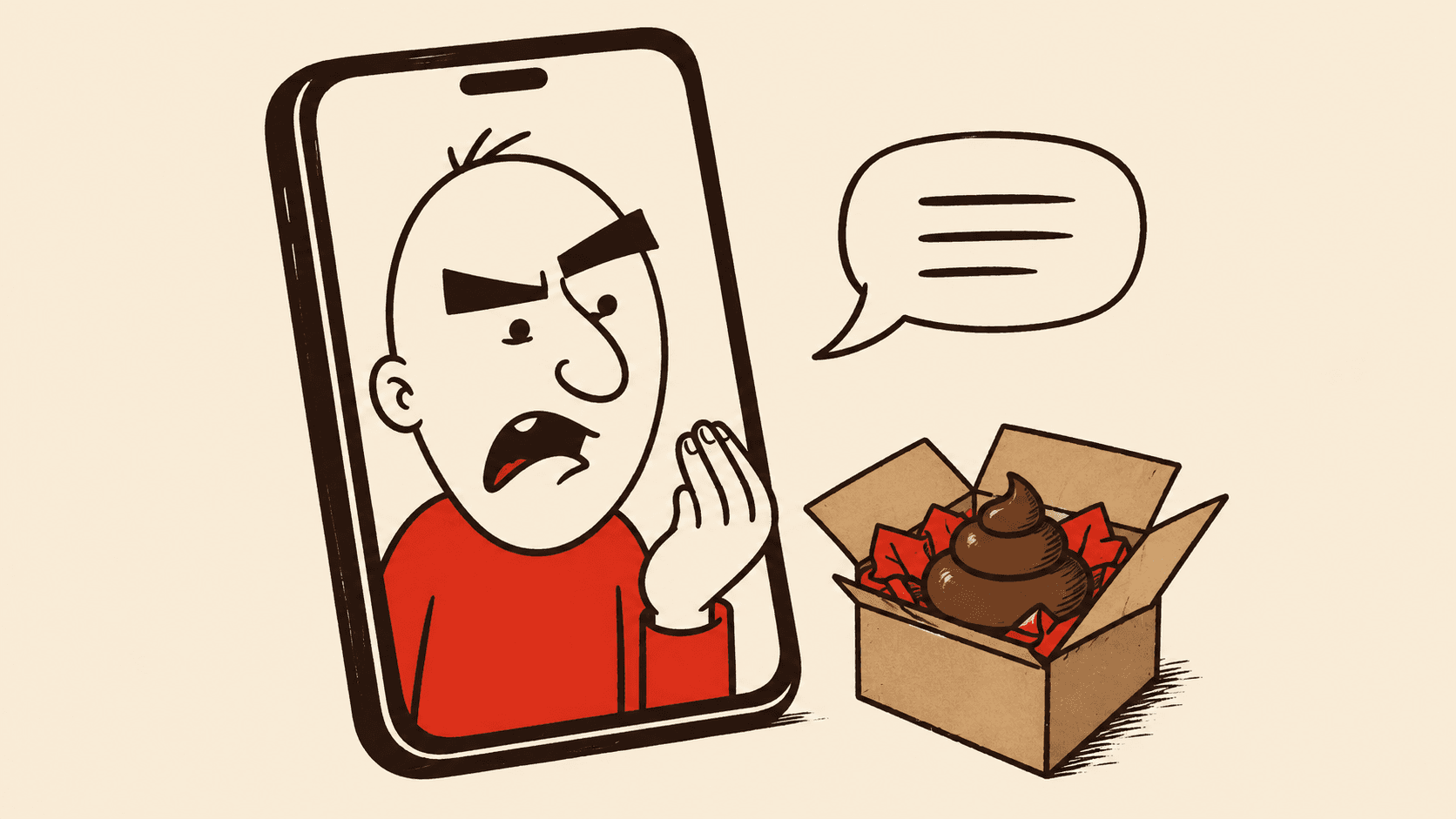 Un omino cartoon scazzato nello schermo di un telefono, accanto al pacco e a un fumetto di testo.